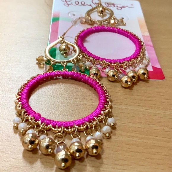 LILLY PULITZER NWT EARRINGS BEACHCOMBER Gypsy Boho HOT PINK ⭐️DANGLING  /Pierced - Picture 15 of 16